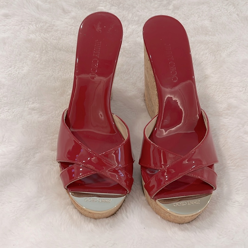 Jimmy Choo Red patent leather cork wedge sandal
